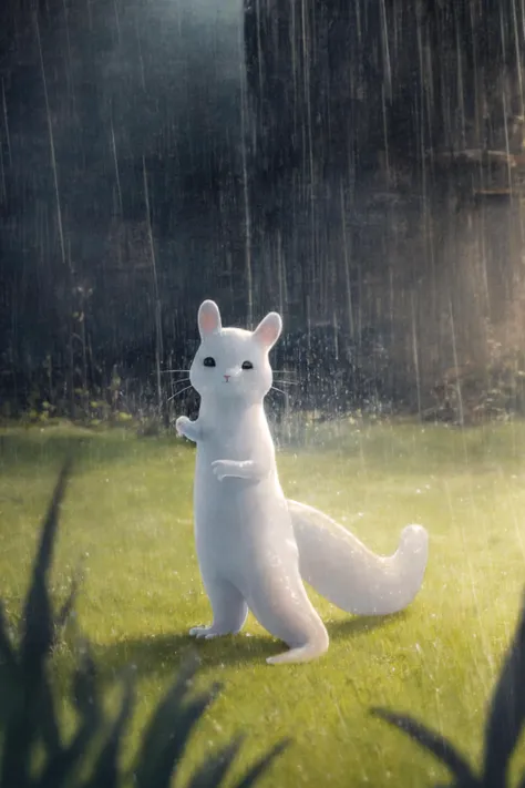 (slugcat:1.2), (tail:1.2), standing, white body, black eyes,(raining:1.1), grass <lora:slugcatv1.1:1> , highres,(intricate details:1.2),(perfect details), unity CG 8K wallpaper,