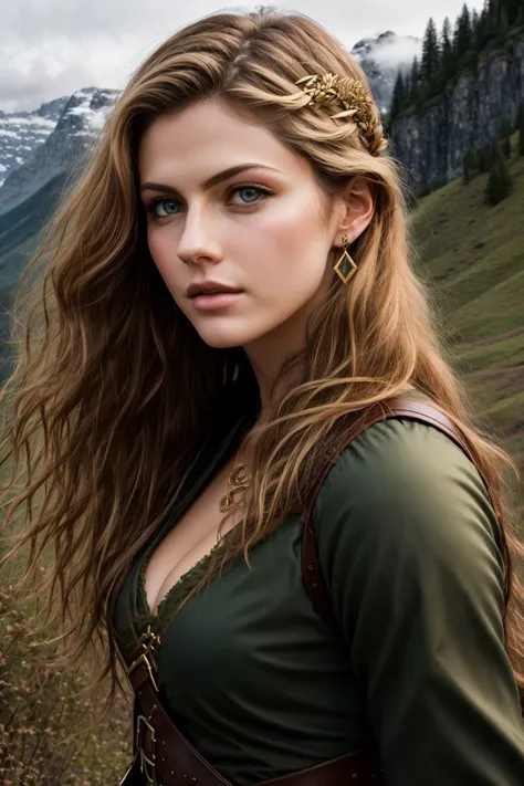 analog style, modelshoot style, portrait of alexandradaddario wearing middle earth, Ranger Nocking an arrow and taking careful aim, Enchantress, Short, Athletic, Square Face, Fair Skin, Golden Blonde Hair, Amber Eyes, Narrow Nose, Pouty Lips, Sharp Chin, Long Hair, Wavy Hair, Chignon, full breasts, Drop earrings, gloss satin lipstick, Misty mountains towering over a vast, misty valley, Tolkien, bold, bright colours, <lora:alexandradaddario:0.8><lora:epiNoiseoffset_v2Pynoise:1.0>