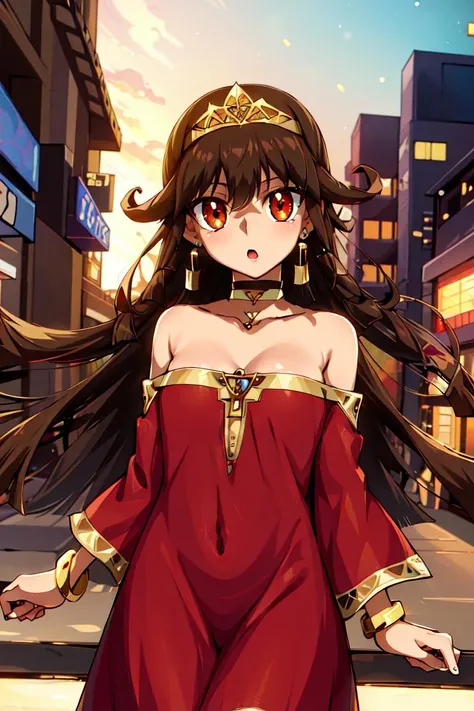 sarah,1girl,solo,long hair,small breasts,jewelry,earrings,bracelet,red dress,robe,choker,bare shoulders,tiara,looking at viewer,cityscape,<lora:ï¼äººç© 塿v1 游æçå§åºçï¼sarah:1>,, (masterpiece), (best quality), HDR, intricate detail,
