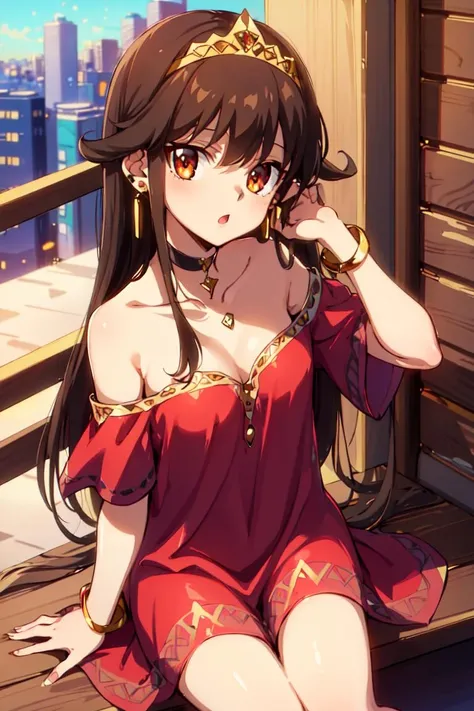 sarah,1girl,solo,long hair,small breasts,jewelry,earrings,bracelet,red dress,choker,bare shoulders,tiara,looking at viewer,cityscape,<lora:ï¼äººç© å¡æv1 æ¸¸æçå§åºçï¼sarah:1>,, (masterpiece), (best quality), HDR, intricate detail,