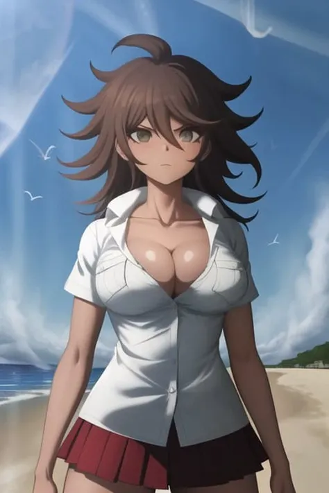 masterpiece, highres, best quality, <lora:AkaneV2:1> , 1girl, solo, breasts, long hair, skirt, cleavage, shirt, short sleeves, pleated skirt, red skirt, white shirt, cowboy shot, collared shirt, closed mouth, looking at viewer, collarbone, messy hair, breast pocket, large breasts, hair between eyes, upper body, beach, ocean,
