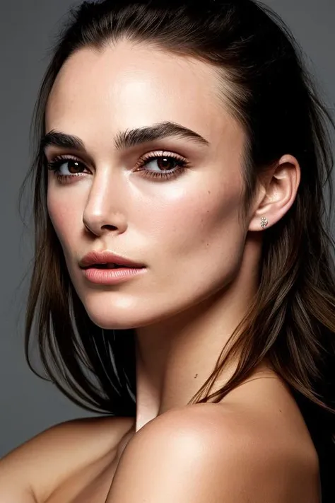 (CR-K3iraKnightley-frankyfrank2k:0.9), face closeup portrait of young woman, slick hair, oiled shiny skin, grey background, (tilted pose shot:1.0),