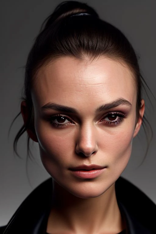(CR-K3iraKnightley-frankyfrank2k:0.9), face closeup portrait of young woman, slick hair, oiled shiny skin, grey background, (tilted pose shot:1.0),