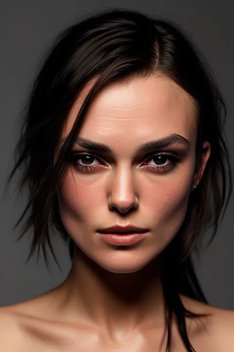 (CR-K3iraKnightley-frankyfrank2k:0.9), face closeup portrait of young woman, slick hair, oiled shiny skin, grey background, (tilted pose shot:1.0),