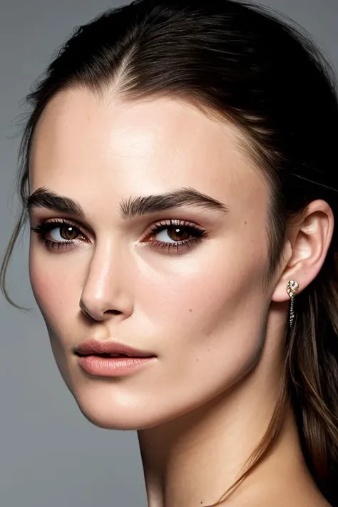 (CR-K3iraKnightley-frankyfrank2k:0.9), face closeup portrait of young woman, slick hair, oiled shiny skin, grey background, (tilted pose shot:1.0),