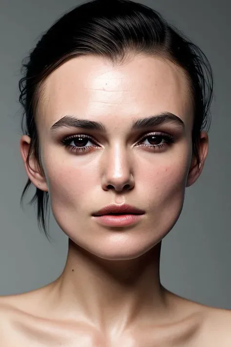 (CR-K3iraKnightley-frankyfrank2k:0.9), face closeup portrait of young woman, slick undercut hair, oiled shiny skin, grey background, (tilted pose shot:1.0),