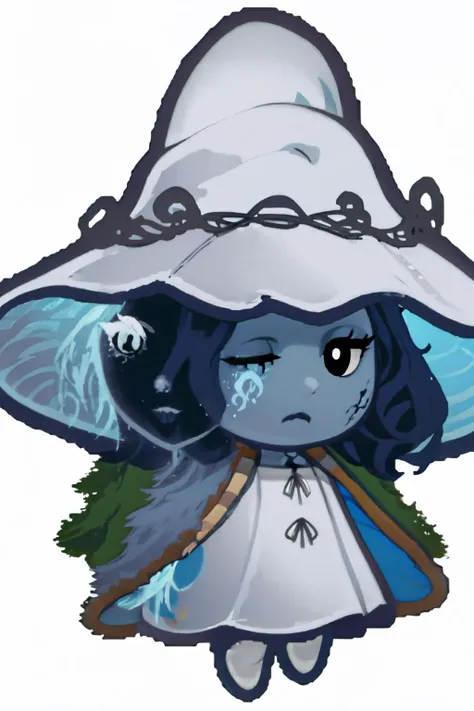 High Quality, Masterpiece, 1girl, <lora:PM-TTYD-SpritesV2_Fp_1:1>, simple background, full body, chibi, black eyes, solid oval eyes, outline, IncrsRanni, wavy hair, colored skin, blue skin, cracked skin, extra arms, extra faces, white dress, hat, cloak, <lora:Char_EldenRing_Ranni:0.9>, ExtraFacesRanni, <lora:Looks_ExtraFaces:1>
