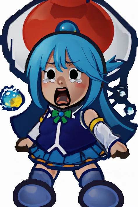 High Quality, Masterpiece, 1girl, <lora:PM-TTYD-SpritesV2_Fp_1:1>, simple background, full body, chibi, black eyes, solid oval eyes, outline, aqua \(konosuba\), 1girl, blue eyes, blue footwear, blue hair, blue thighhighs, boots, breasts, bubble, detached sleeves, hair ornament, hair rings, long hair, medium breasts, single hair ring, skirt, thigh boots, thighhighs, very long hair, water, white thighhighs, kono subarashii sekai ni shukufuku wo!, <lora:Char_Konosuba_Aqua:0.65>, aquascreaming, screaming, open mouth, crying with eyes open, <lora:Pos_AquaScreaming:0.75>