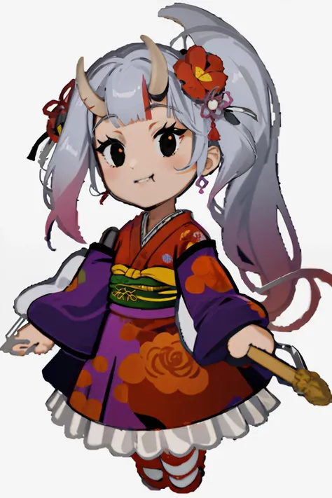 High Quality, Masterpiece, 1girl, <lora:PM-TTYD-SpritesV2_Fp_1:1>, simple background, full body, chibi, black eyes, solid oval eyes, outline, Nakiri Ayame, long hair, side ponytail, AyameNewYears, red kimono, floral print, hair flower, sash, wide sleeves, <lora:Char_VTuber_NakiriAyame:1>