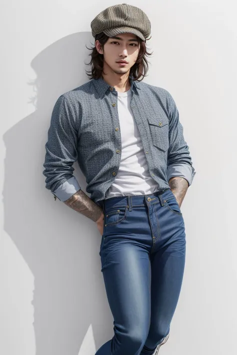 ((1man), wearing chambray shirt, tight jeans, tweed cap, sneakers,), brunette, white background, full body shot <lora:add_detail:0.5> <lora:boldline:0.2>
