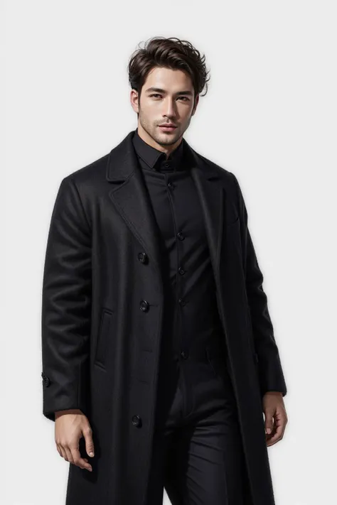 ((1man), wearing black slacks and wool coat), brunette, white background, mid shot, hyper realistic <lora:add_detail:0.5> <lora:boldline:0.2>