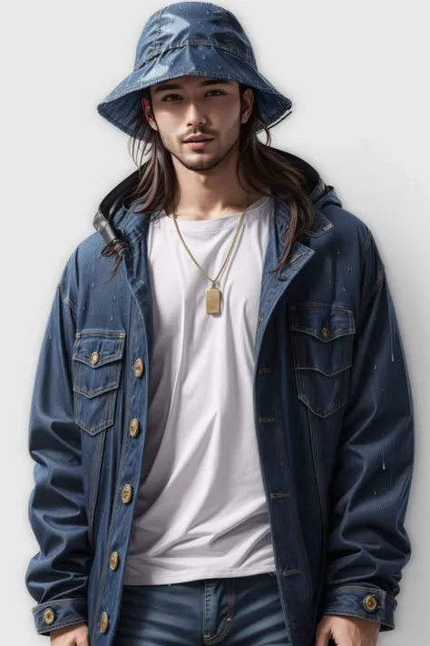 ((1man), wearing jeans, rain coat, bucket hat), brunette, white background, mid shot, hyper realistic <lora:add_detail:0.5> <lora:boldline:0.2>