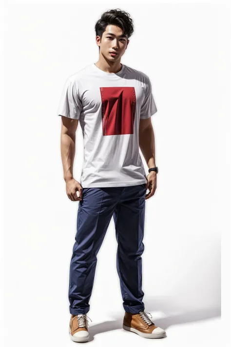 ((1man), wearing tshirt, chinos, fez, wingtip shoes,), brunette, white background, full body shot <lora:add_detail:0.5> <lora:boldline:0.2>