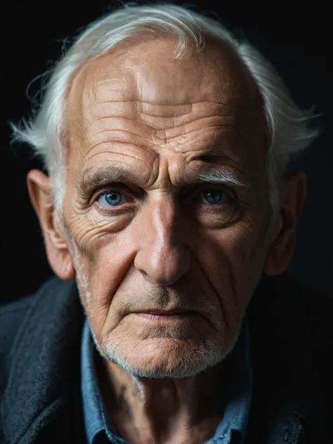 portrait of the oldest man in the world, wrinkled sagging skin, (detailed eyes), deep set eyes, penetrating gaze, dimples, crows feet, solemn expression, tanned weatherbeaten skin, dof, sharp focus, close up photo, 35mm photo, dark studio, <lora:zavy-cntrst-sdxl:1>
