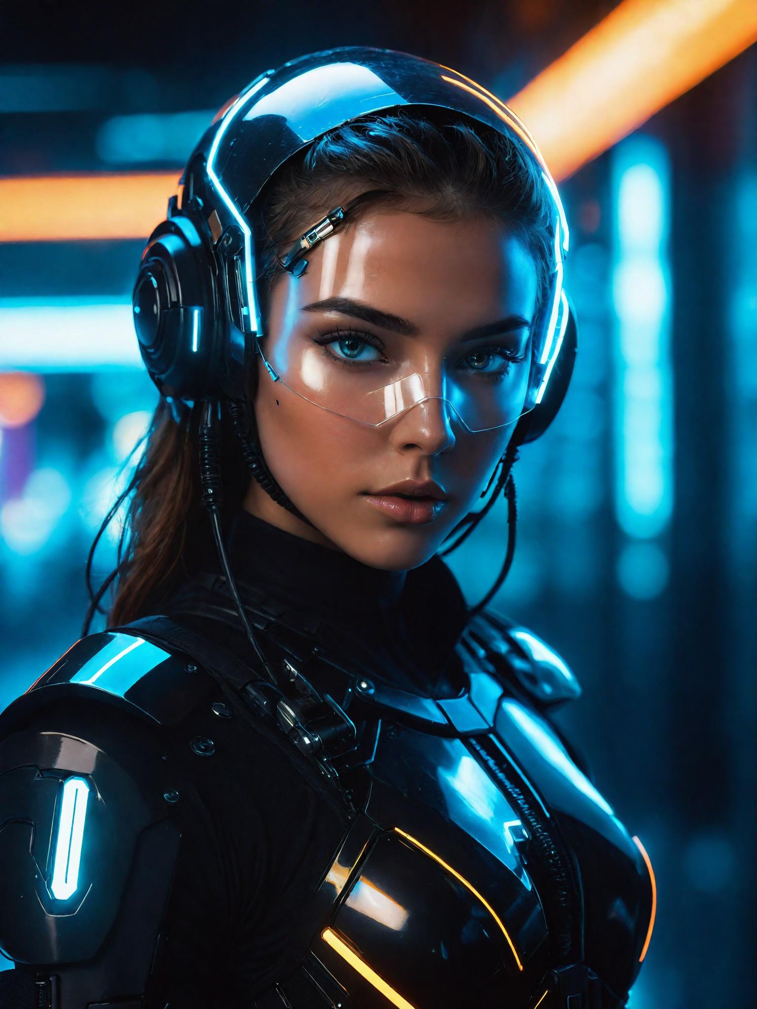 A woman in a futuristic suit with headphones and a helmet - SeaArt AI