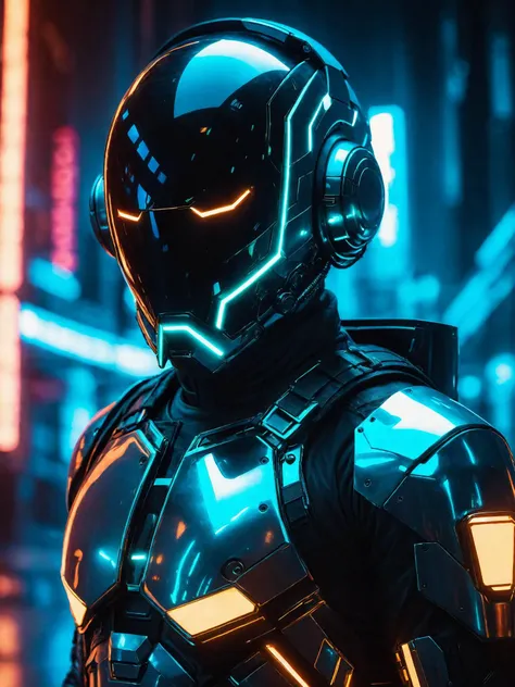 portrait of a cyberpunk dystopian male soldier, wearing a futuristic helmet and mask made of reflective metal, mechanical bodysuit, carrying a futuristic glowing weapon, neon lighting, looking at viewer, digital photography, dof, sharp focus, <lora:zavy-cntrst-sdxl:1>