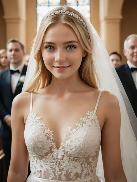 happiness, wedding dress, flowers, bride, blonde hair, nipslip, green eyes, fuii body