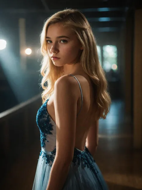 portrait of a slender 18 year old girl standing alone in a dark gymnasium at senior prom, dark piercing eyes, long blonde hair falling gently around her shoulders, freckles, wearing a gorgeous prom dress, cleavage, pensive solemn expression, dof, bokeh, dark lighting, <lora:zavy-cntrst-sdxl:1>