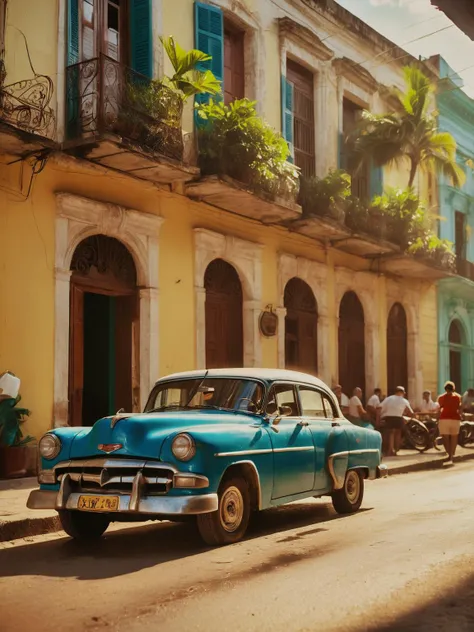 cinematic film still, shallow depth of field, highly detailed, gorgeous, film grain, During a serene afternoon, a Havana café gleams under a gentle golden glow, its sturdy wooden décor alive with movement, A skilled waitress navigates with ease, offering refreshing iced coffee and coconut water to visitors and regulars alike, fostering an atmosphere of conviviality and exchange, The sun's rays cascade onto a classic Cuban car stationed nearby, reflecting the cafe's vibrant energy