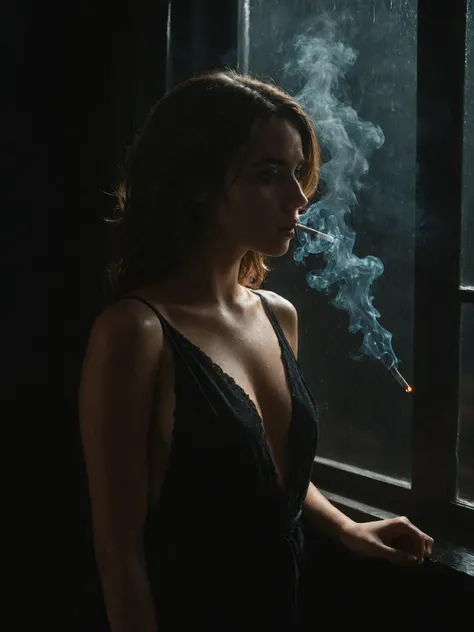 model photo of a 38 year old french woman smoking a glowing cigarette in a dark room while looking out a window, (silhouette:1.2), standing in a dark motel room, wearing a modest lounging gown, (detailed face and eyes), tousled hair, lined face, glowing embers from the cigarette faintly illuminates her face, raindrops splatter on the outside of the window, sharp focus, extremely dark lighting, dof, aesthetic, professional 35mm photograph, <lora:zavy-cntrst-sdxl:1.5>