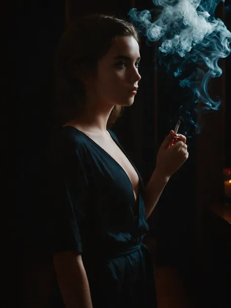 model photo of a gorgeous 18 year old french woman smoking a cigarette in a dark motel room, (silhouette:1.2), standing in a dark motel room, wearing a modern lounging robe, (detailed face and eyes), embers from the cigarette faintly illuminates her face, sharp focus, extremely dark lighting, dof, aesthetic, professional 35mm photograph, <lora:zavy-cntrst-sdxl:2>