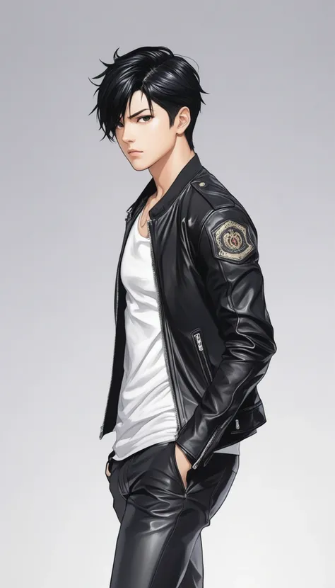 1boy, black hair, white background, short cut hair, leather jacket, tshirt, upper body, detailed shape, detailed line, art of fighting attitude, color manga style