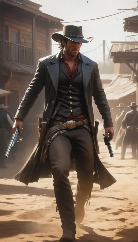 Intricate dynamic action shot of cowboy in a shootout, cinematic Steve Henderson Fabian Perez Henry Asencio Jeremy Mann Marc Simonetti Fantasy, red dead redemption 2 atmosphere, cinematic, photograph