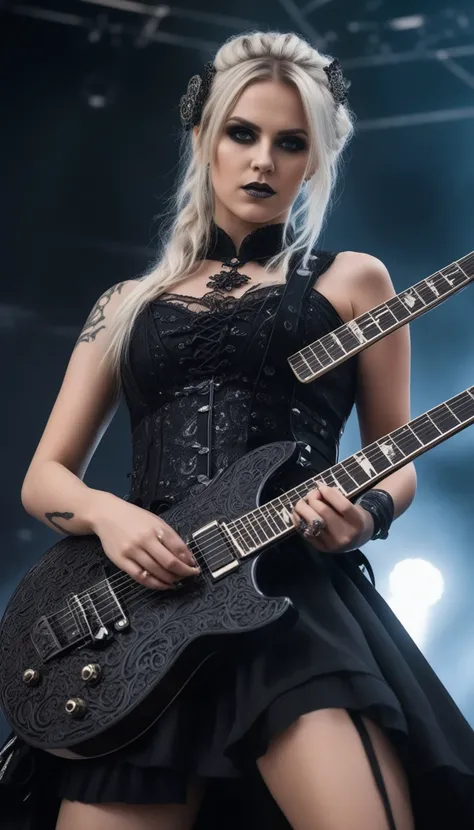 swedish metal rock girl holding a guitar, intense stare into camera, with gothic make-up, intricate details, highly detailed eyes, fancy hair and dark gothic dress, flash photo, on stage, intricate details