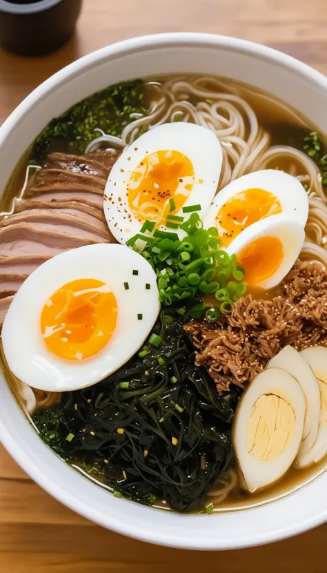 bowl of steaming hot ramen noodles, with a variety of toppings including sliced pork, boiled egg, green onions, and a sheet of nori (dried seaweed). The broth looks rich and flavorful, likely made from a combination of chicken, pork, and dashi.