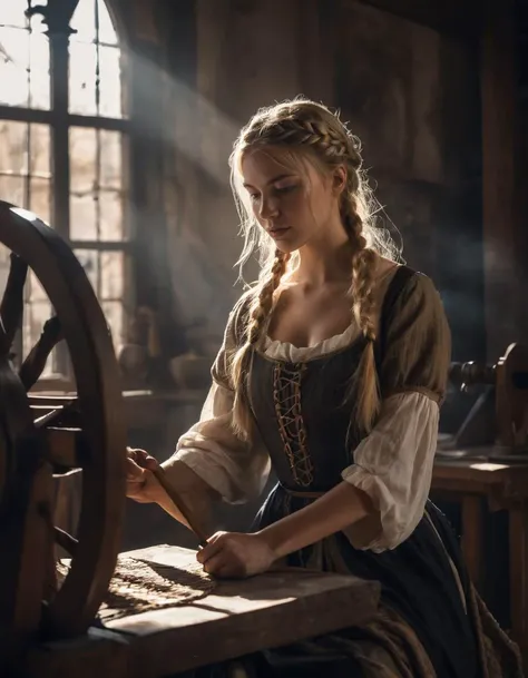 a young beautiful woman in a dark gritty room working at the spinning wheel, in the background is a romanic window through which the sun shines, blond braided hair, medieval peasant robe with cleavage, cinematic lighting, light and shadow play