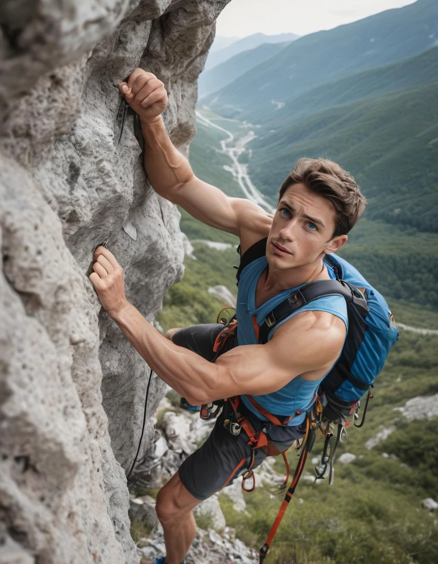 a male climber climbing up a mountain, brunette, blue eyes