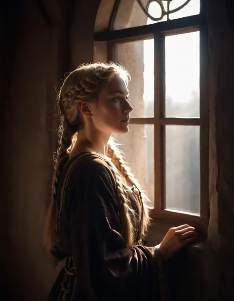 a young woman in a dark room looking out of a romanic window through which the sun shines, blond braided hair, medieval peasant robe, cinematic lighting, light and shadow play