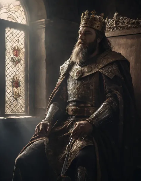 a king in a dark room, beard, a sword in his hand and a crown on his head, sun through romanic windows