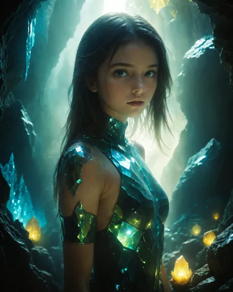 digital photo, a young teenage old girl hiding in a cave with glowing crystal formations, starving, wild dirty hair, detailed face, guarded expression, fierce eyes, filthy skin, lean and muscled body, collarbone, small perky breasts, ribcage jutting out, navel, slim legs, barefoot, contrappasto, dof, soft focus, dim lighting, a wild untamed landscape, magically glowing crystals provide dim light to the cave, pale moonlight strikes her face, <lora:0- dpo_lora_v1:0.5> <lora:zavy-cntrst-sdxl:2>