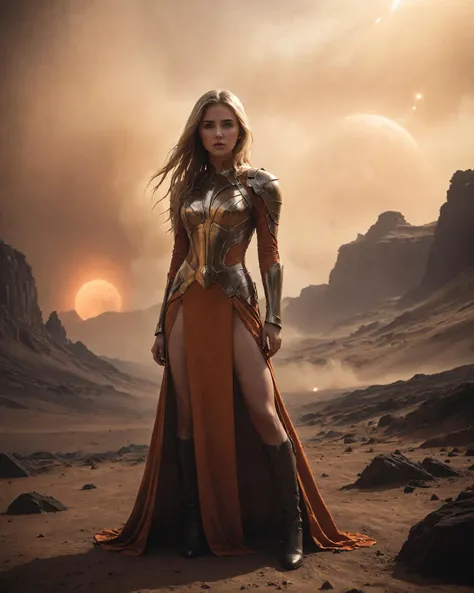 digital photo, a stunning 20 year old warrior-princess standing on the surface of mars, (detailed face), striking eyes, wearing a long [linen:armored:5] dress with bare shoulders, plunging neckline, leg slit, leather combat boots, slender athletic build, she is a small young woman but strong despite her size, fierce expression, lips pressed firmly together, long gorgeous blonde hair, a glowing orange fog hangs over the empty battlefield, on the red planet distant mountains and dust devils terrorize the jagged hostile landscape, dust storm, red lightning, fierce winds, scifi fantasy setting, cinematic lighting, <lora:zavy-cntrst-sdxl:1.5> <lora:0- dpo_lora_v1:0.5>