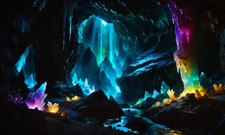 digital photography, a dark secluded cave that is lit by magically glowing crystals of many colors, dark fog within the cave, fantasy landscape, sharp focus, very detailed, dark lighting,  <lora:0- dpo_lora_v1:0.7> <lora:zavy-cntrst-sdxl:2>
