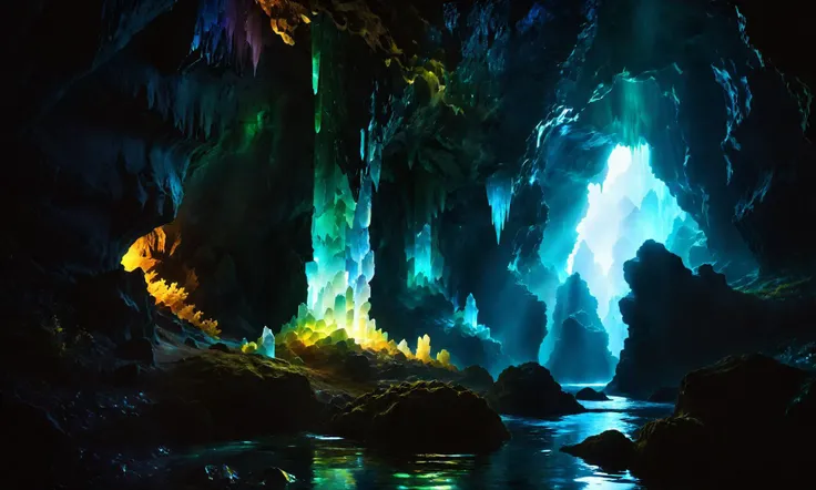 digital photography, a dark secluded cave that is lit by magically glowing crystals of many colors, dark fog within the cave, fantasy landscape, sharp focus, very detailed, dark lighting, <lora:0- dpo_lora_v1:0.7> <lora:zavy-cntrst-sdxl:2>
