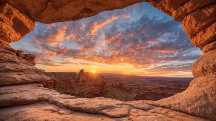 long shot scenic professional photograph of a close up of a rock formation with a sunset in the background, beautiful natural rim light, sunrise light, breathtaking shot, sunset sunrise, sunset view, stunning nature in background, amazing view, an amazing landscape image, sunset light, bright rim light, beautiful scenic view, sun shining through, beautiful sunrise, world seen only through a portal, looking out at a sunset, perfect viewpoint, highly detailed, wide-angle lens, hyper realistic, with dramatic sky, polarizing filter, natural lighting, vivid colors, everything in sharp focus, HDR, UHD, 64K