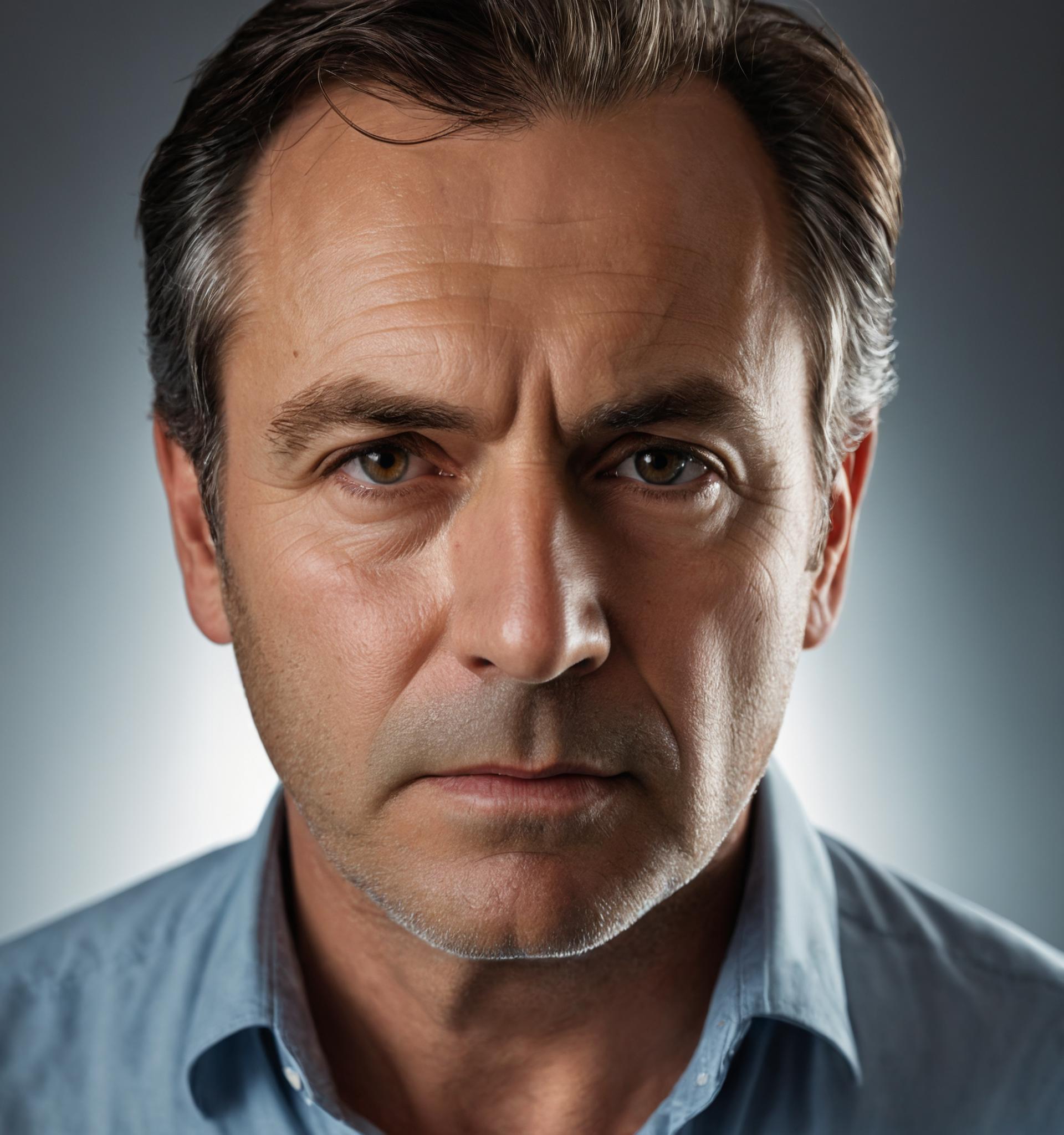 A close up of a man in a blue shirt looking at the camera - SeaArt AI