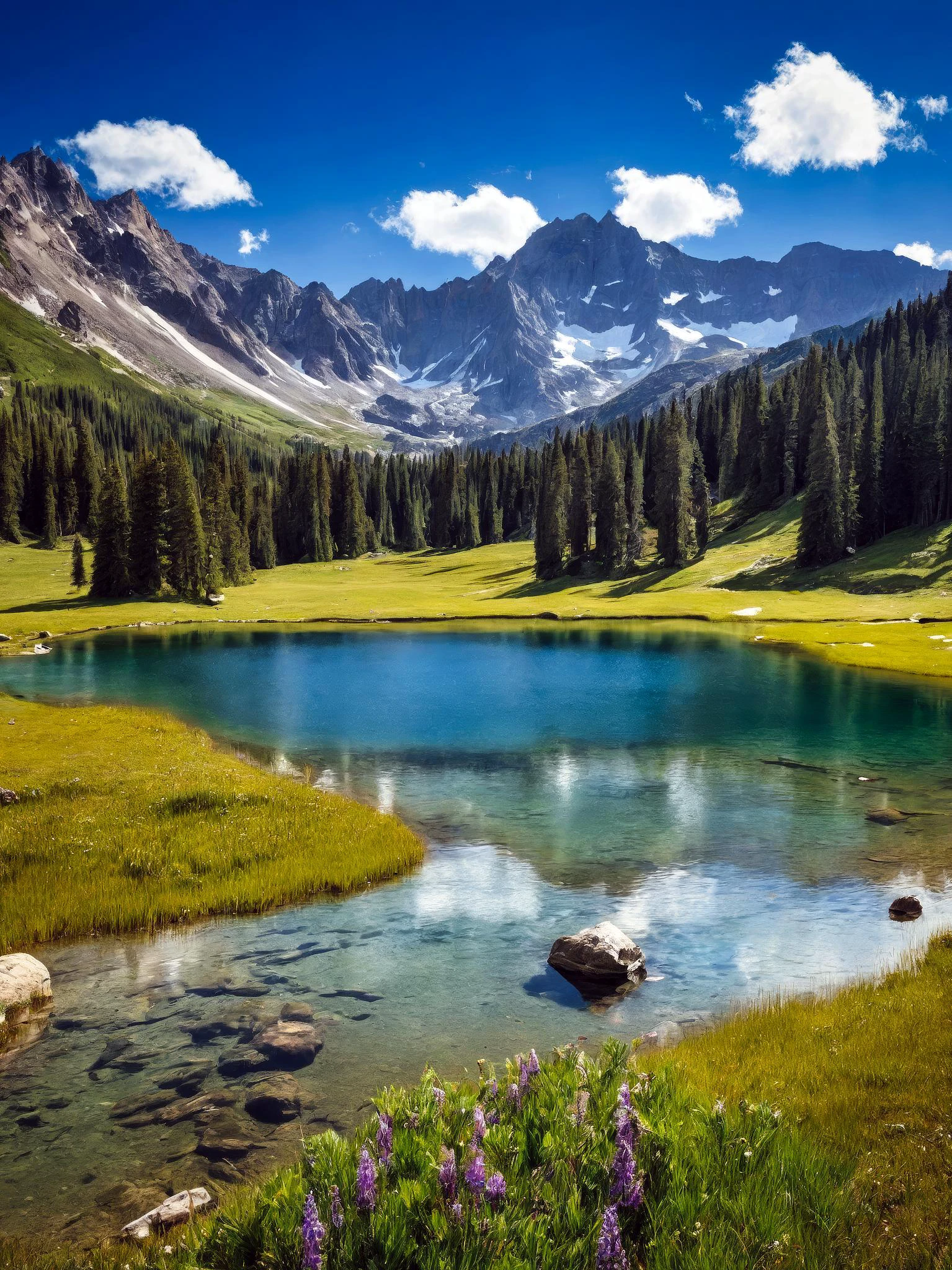 pristine high-altitude lake surrounded by towering mountains and meadows