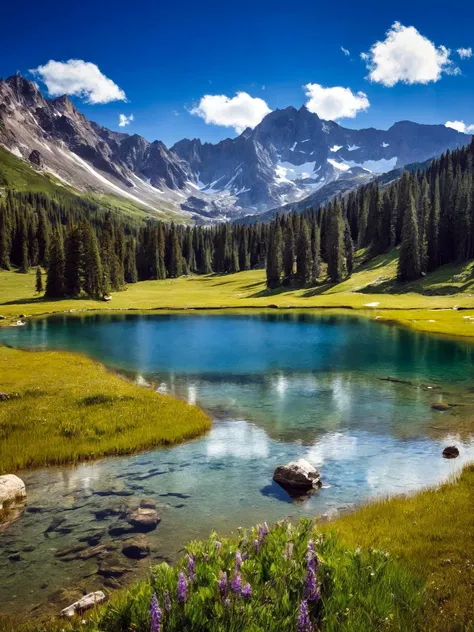 pristine high-altitude lake surrounded by towering mountains and meadows