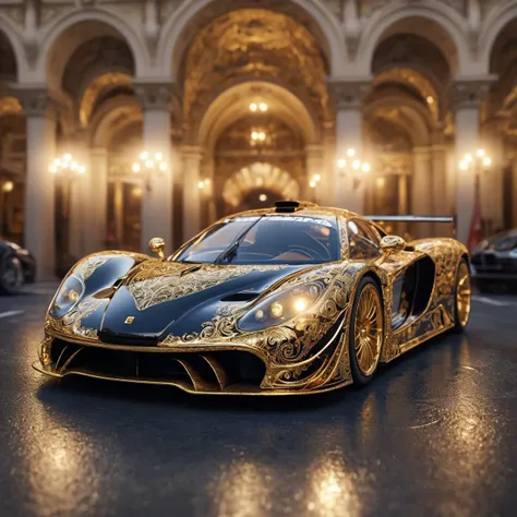 angelic mythical black-golden racing car, with a glowing intricate transparent body. symmetrical hyperdetailed texture, pearl filigree, concept art, artstation, perfect composition, masterpiece, glittering professional photography, macro, natural lighting, canon lens, shot on dslr 64 megapixels sharp focus ethereal, Hyperrealistic, splash art, concept art, mid shot, intricately detailed, color depth, dramatic, side light, colorful background, depth of field.