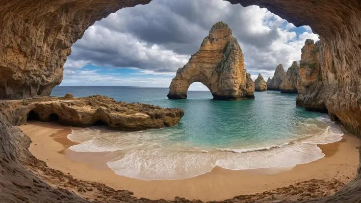 long shot scenic professional photograph of there is a cave with a hole in the middle of it, breath-taking beautiful beach, island with cave, beautiful nature, beautiful place, beautiful environment, breathtaking landscape, breathtaking look, an extremely large cave, breathtaking scenery, rock arches, natural cave wall, ancient caves, cave, stunning image, caves, ancient cave, breathtaking shot, portugal, breath taking, perfect viewpoint, highly detailed, wide-angle lens, hyper realistic, with dramatic sky, polarizing filter, natural lighting, vivid colors, everything in sharp focus, HDR, UHD, 64K