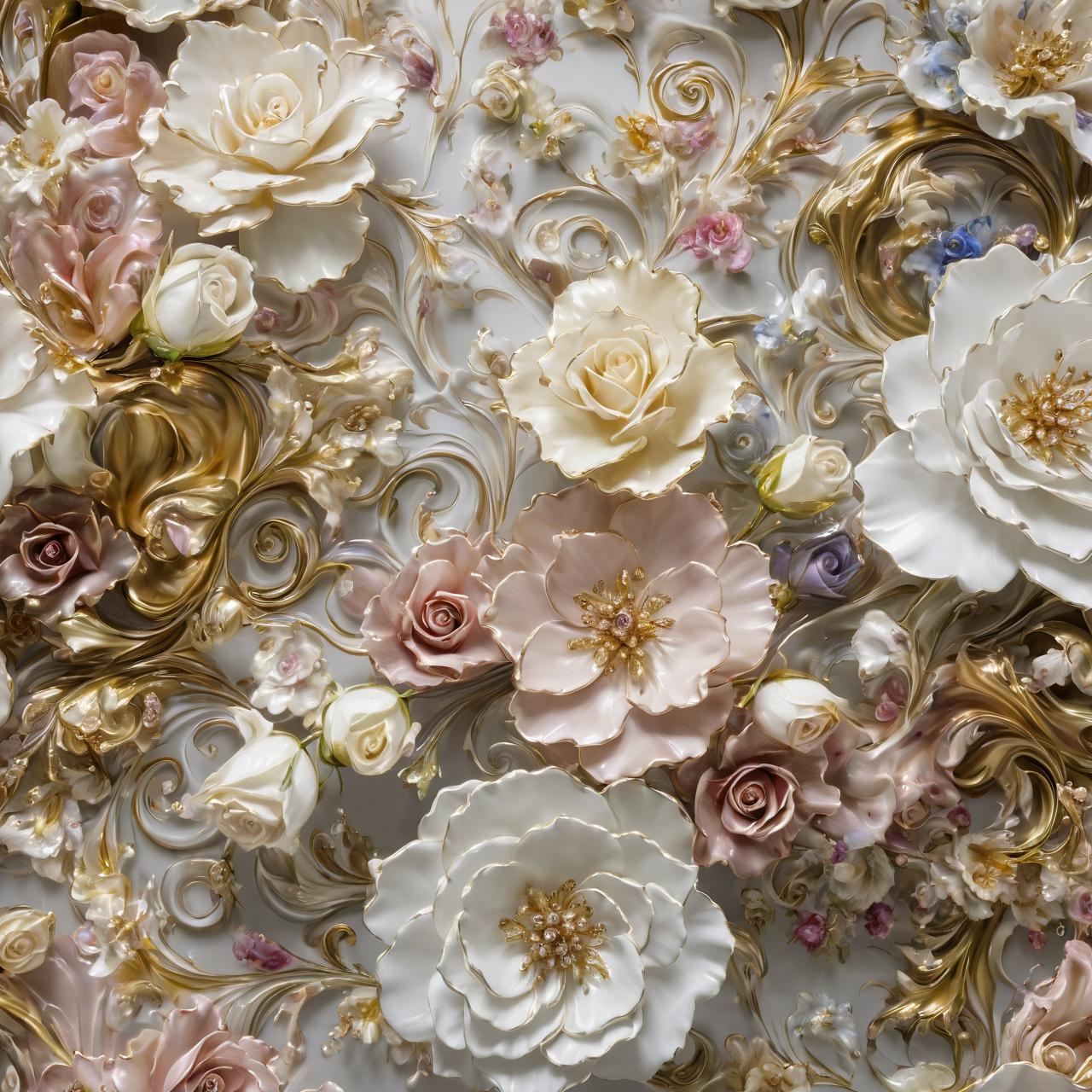 There are many different colored flowers on a white surface - SeaArt AI