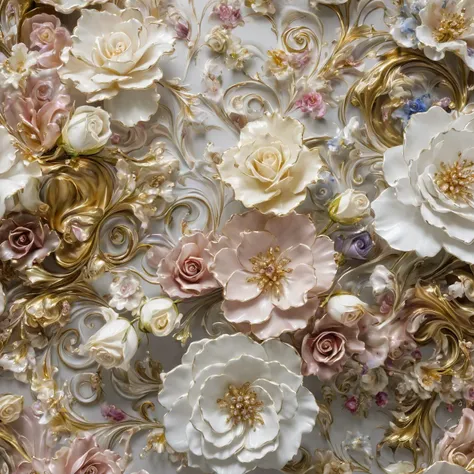 porcelain flowers on a expenside table, roses, tulpes, inside swirl splashes waves, close-up, masterpiece, fluid, flora, muted colors, pearl, gold, luxurious, extremely detailed