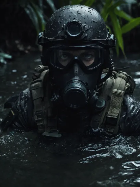 dark photo,intense close-up of a special forces soldier emerging from jungle waters,(face obscured, eyes exposed),head adorned with night vision goggles,body concealed in the water,fierce and determined gaze fixed on the viewer,tension-filled and captivating atmosphere,fully armed with state-of-the-art modern equipment,scene shrouded in darkness reminiscent of a blockbuster movie,detailed eyes,camouflage,Hiding,jungle,spy,fully armed,modern gears,combat equipments,high technology,tension atmosphere,breathtaking,film grain,surreal,night,