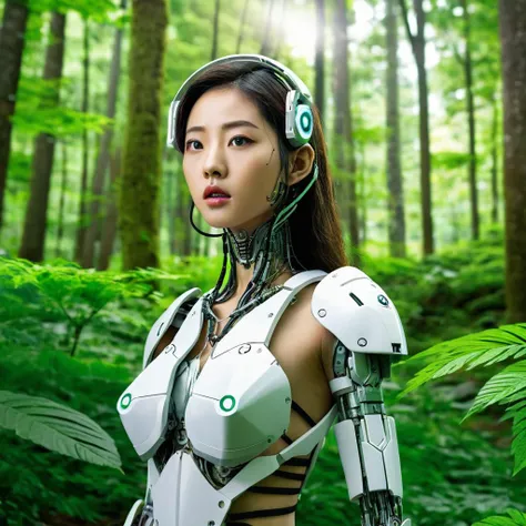 20 year old Korean cyborg woman, in a lush green forest, confused,