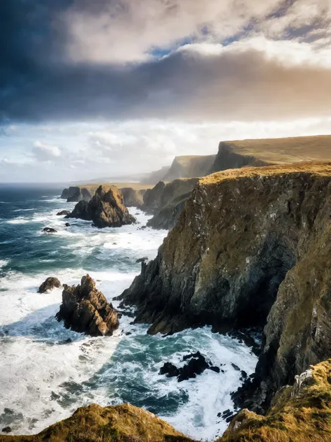 wild and untamed coastline with craggy cliffs and crashing waves