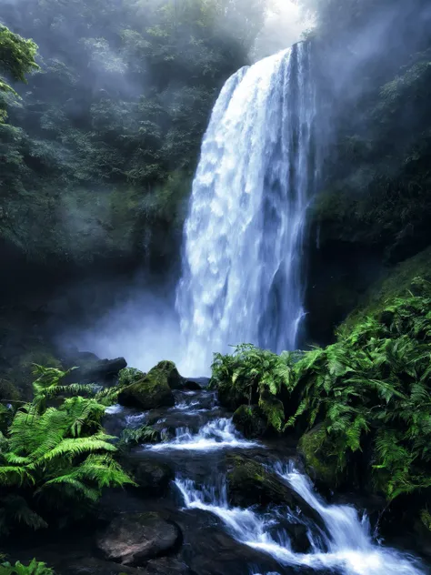 cascading waterfall shrouded in mist with water tumbling down in a mesmerizing display