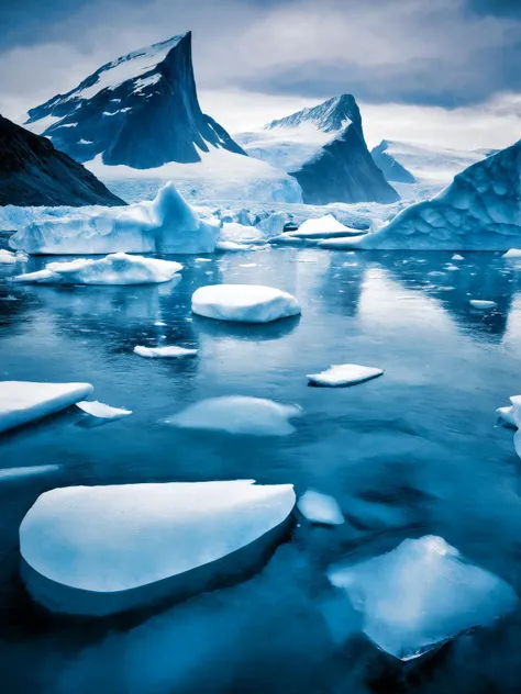 frozen landscape with icebergs glaciers and a cold blue-tinged atmosphere